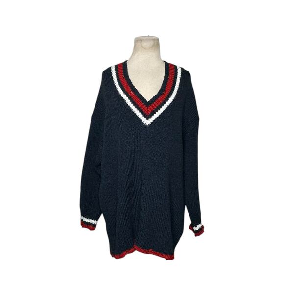 ZARA blue red white trim distressed oversized sweater size medium - Picture 10 of 12